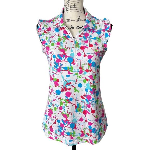 IBKUL Tops - IBKUL Womens Size S Top  1/4 Zip Ruffle-Cap-Sleeve Pink Blue White Splatter UPF